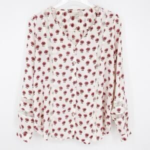 Loft Garden V-Neck Breezy Pleated Peasant Floral Feminine Cottagecore Blouse Top